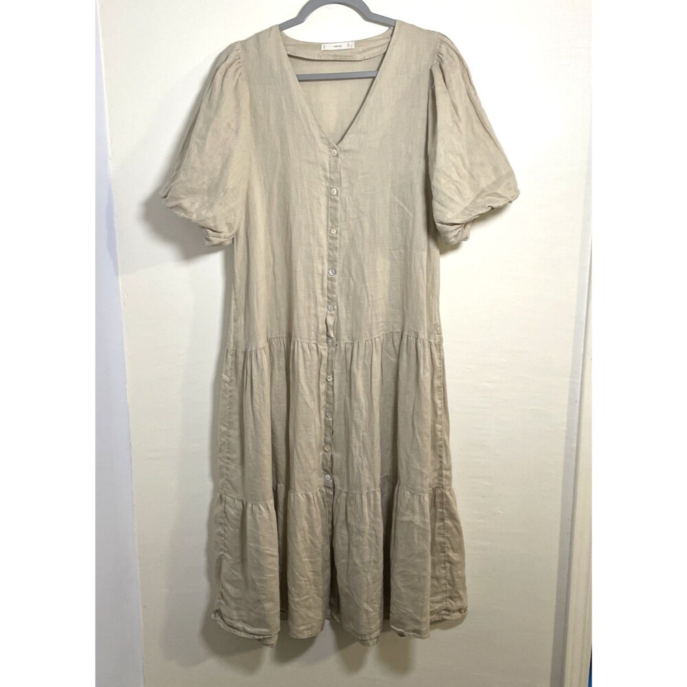 Mango Women's Puff Sleeve 100%  Linen Beige Midi Button Down Dress Sz XS Casual - Picture 2 of 8